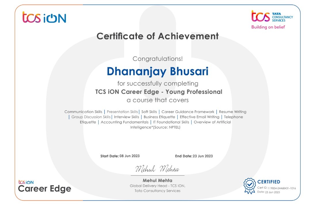 TCS iON Career Edge Certificate - Dhananjay Bhusari